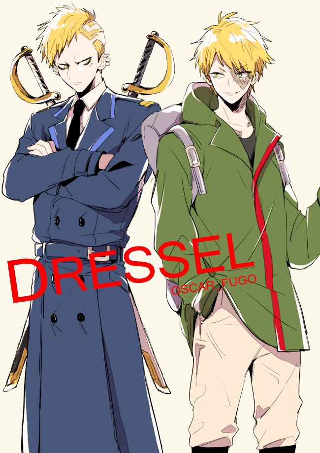 2boys, blonde_hair, brothers, burn_scar, crossed_arms, ear_piercing, fugo_dressel, gloves