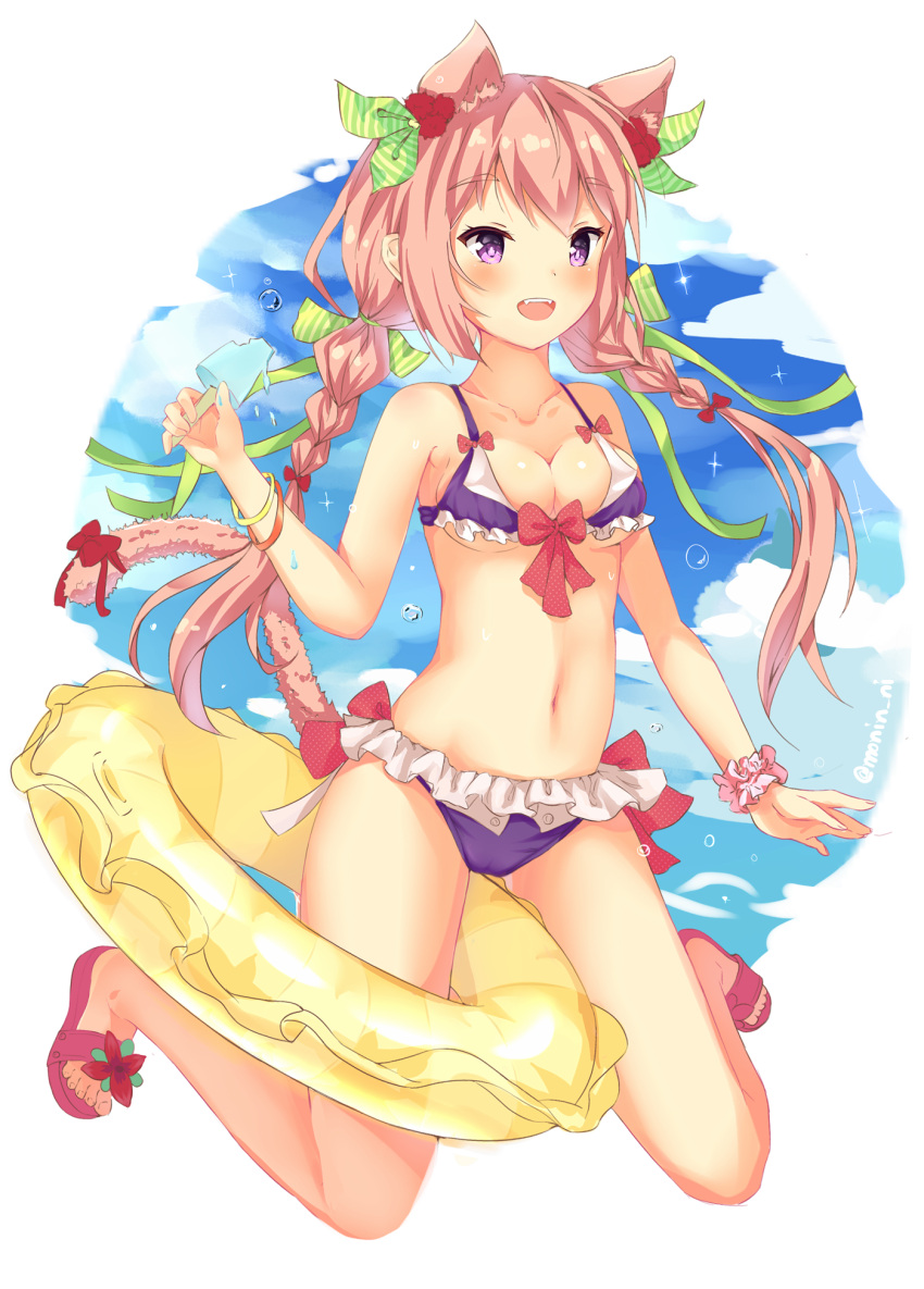 1girl, :d, animal_ears, bangs, bikini, blue_sky, blush, bow