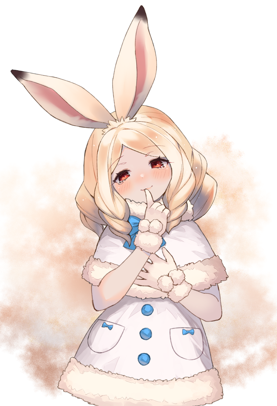 1girl, :3, animal_ears, arctic_hare_(kemono_friends), blush, bow, buttons, choir_(artist), coat, commentary_request, drill_hair, elbow_gloves, eyebrows_visible_through_hair, finger_to_mouth, fur_trim, gloves, highres, kemono_friends, long_hair, rabbit_ears, red_eyes, shawl, solo, white_hair, winter_clothes