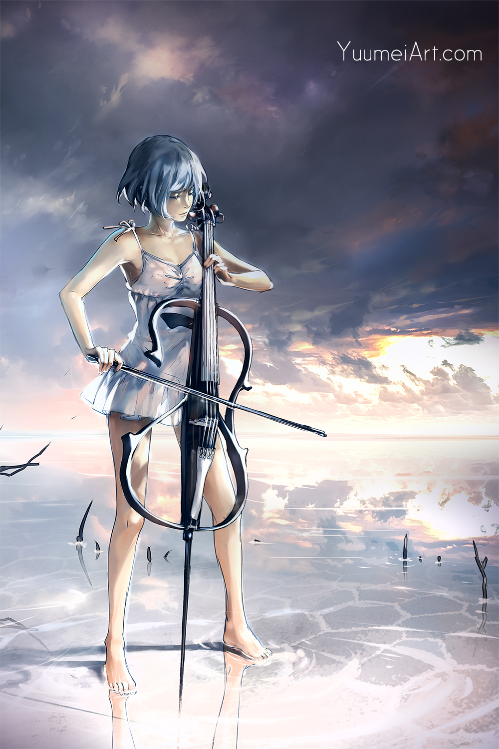 1girl, barefoot, blue_hair, cello, closed_eyes, clouds, commentary, dress