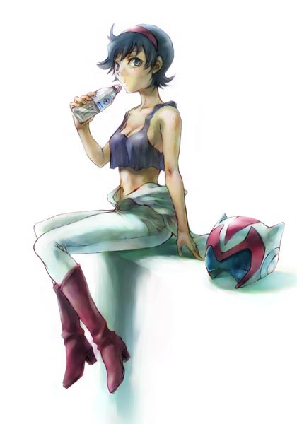 blue_eyes, boots, bottle, breasts, cleavage, drink, getter_robo, hairband