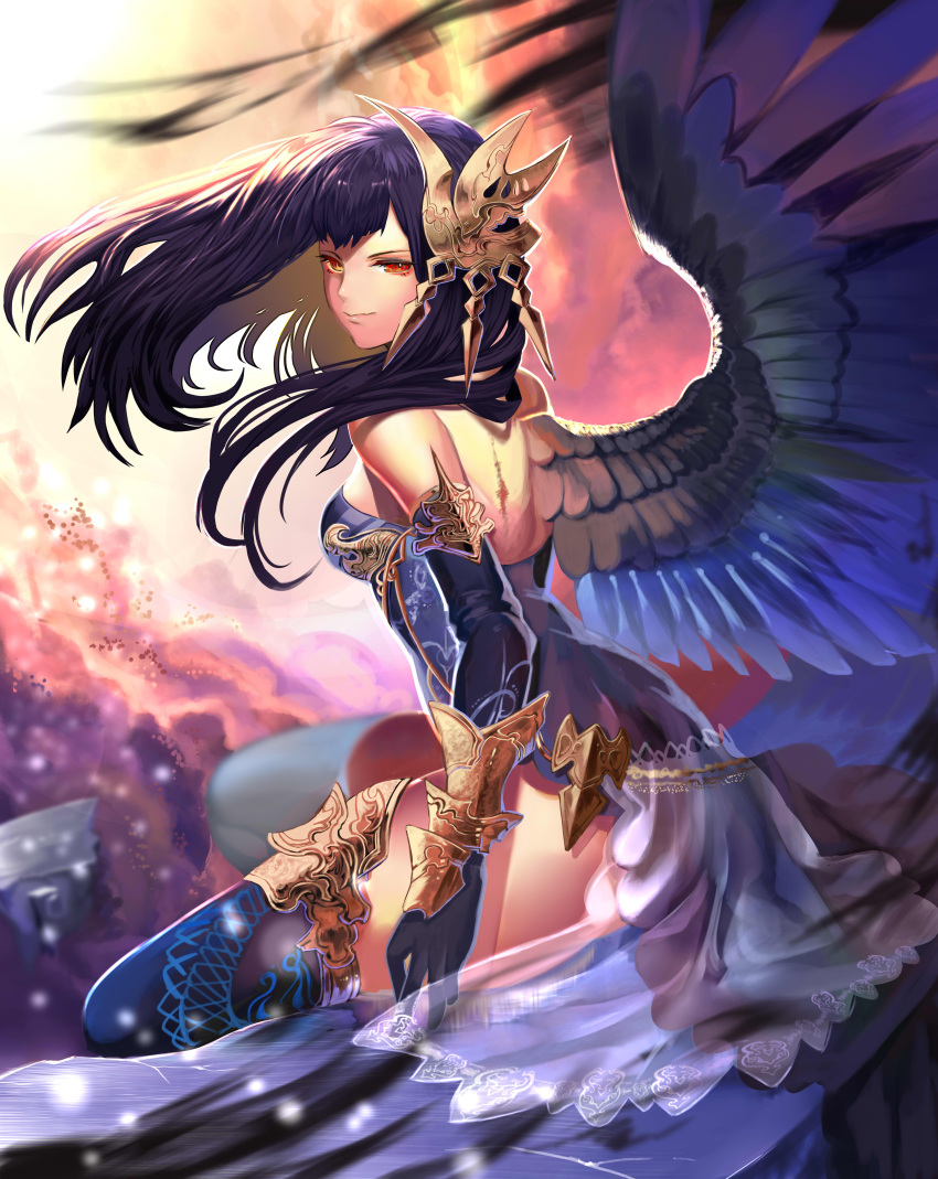 1girl, absurdres, angel, angel_wings, back, bangs, bare_shoulders, blue_dress