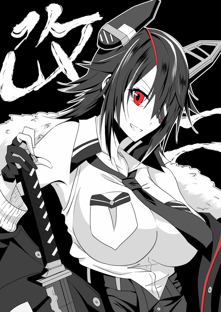 1girl, absurdres, batabata0015, breast_pocket, checkered, checkered_neckwear, eyepatch, gloves