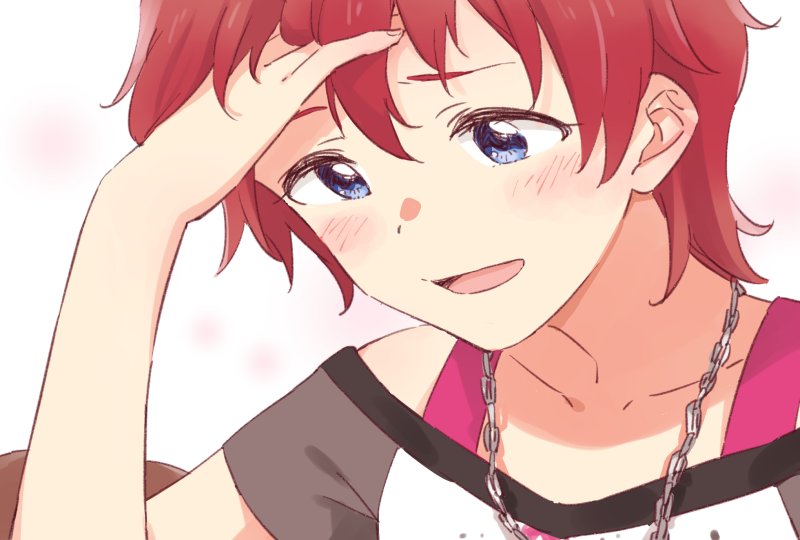 1girl, blue_eyes, blush, collarbone, demirinz, hand_on_own_head, idolmaster, idolmaster_million_live!, jewelry, julia_(idolmaster), necklace, open_mouth, redhead, short_hair, smile, solo