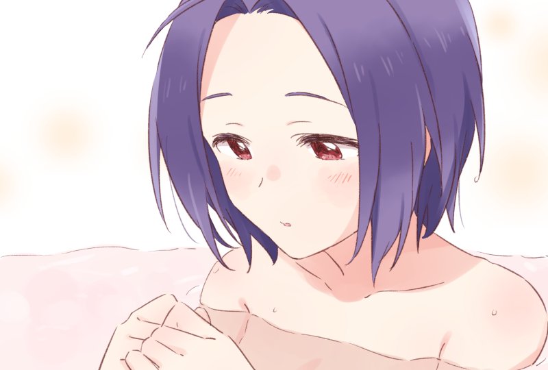 1girl, ahoge, bare_shoulders, bathing, bathtub, blush, brown_eyes, demirinz, idolmaster, idolmaster_(classic), idolmaster_million_live!, miura_azusa, short_hair, solo, topless, upper_body, water