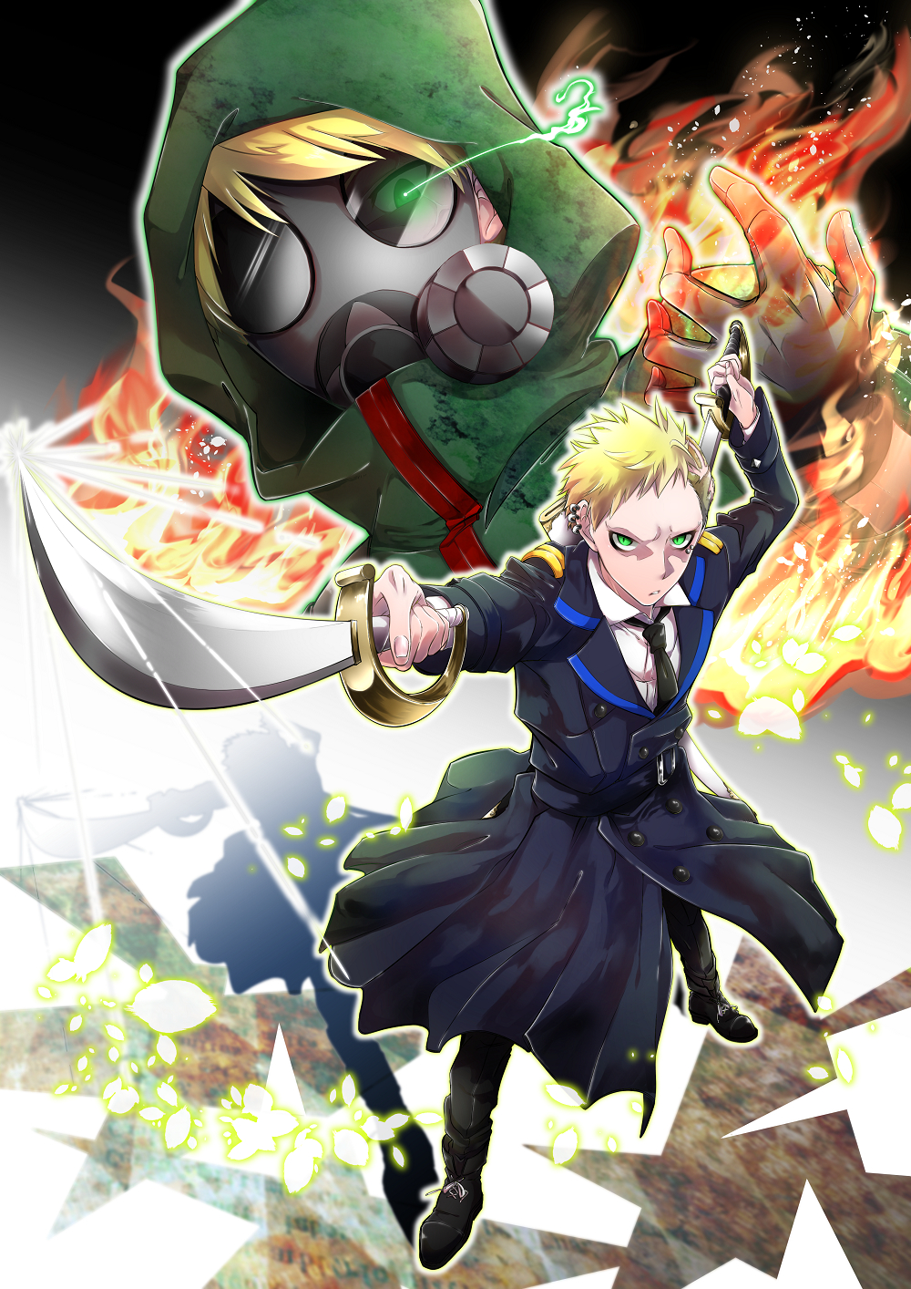 2boys, blonde_hair, brothers, burn_scar, ear_piercing, fugo_dressel, gas_mask, green_eyes