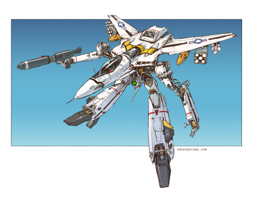 1boy, commentary, derivative_work, deviantart_username, emerson_tung, energy_cannon, english_commentary, gerwalk, gradient, gradient_background, gunpod, highres, hybrid, jolly_roger, machinery, macross, macross_zero, mecha, missile, missile_pod, original, pilot, pilot_suit, radio_antenna, redesign, roundel, roy_focker, science_fiction, signature, sketch, solo, united_states, variable_fighter, vf-0, vf-0s