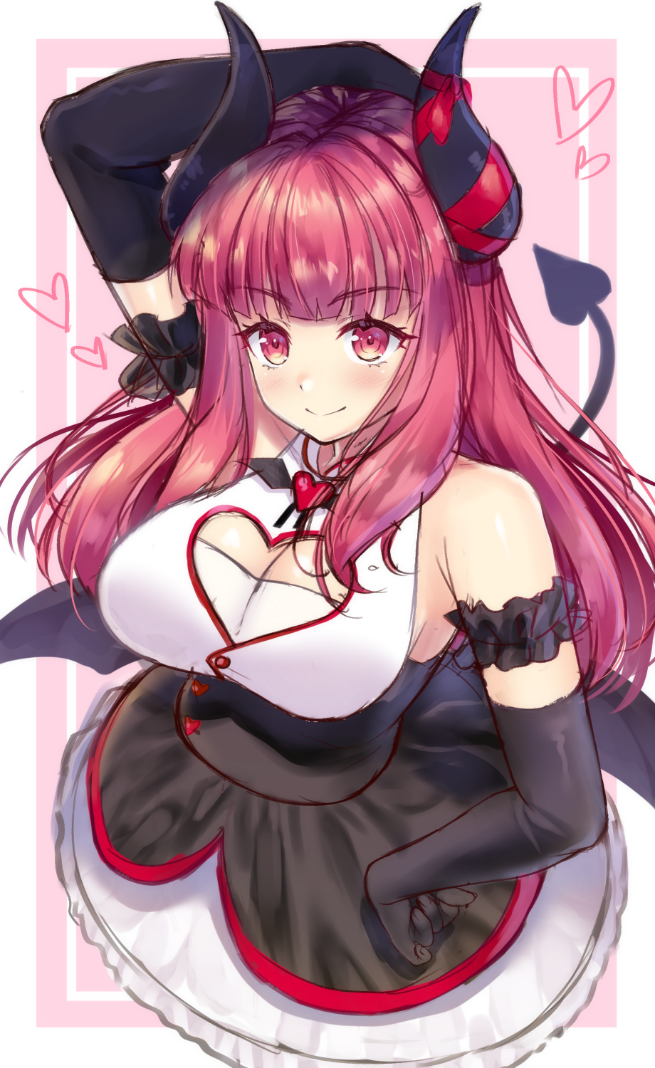 1girl, arm_up, bare_shoulders, black_gloves, black_skirt, black_wings, blush, breasts