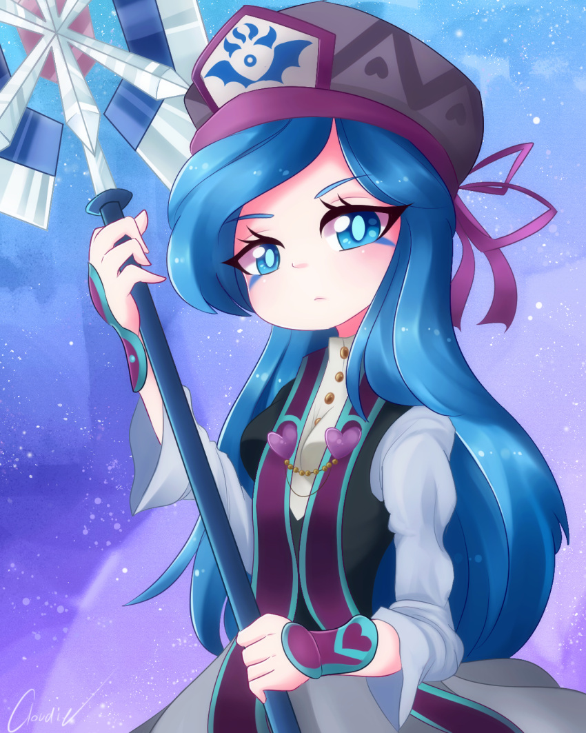 1girl, axe, beret, blue_eyes, blue_hair, francisca_(kirby), hat, heart