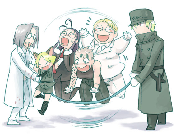 artist_request, blonde_hair, blood, captain_(hellsing), doctor_(hellsing), formal, glasses, grey_hair, happy, hat, hellsing, jacket, jump, jump_rope, jumping, major_(hellsing), military_uniform, necktie, open_mouth, overcoat, rip_van_winkle, schrodinger, shorts, skipping_rope, socks, star, sweatdrop, tattoo, white_gloves, zorin_blitz
