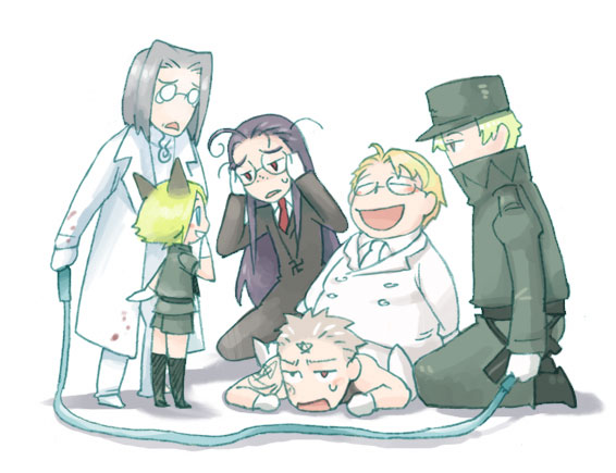 animal_ears, artist_request, blonde_hair, blood, blue_eyes, captain_(hellsing), doctor_(hellsing), exhausted