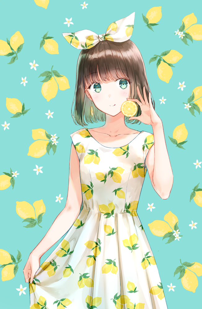 1girl, :q, bangs, blue_eyes, brown_hair, collarbone, cowboy_shot, dress