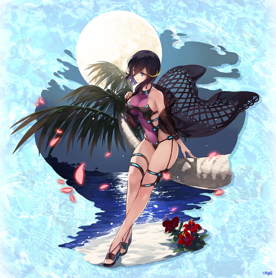 artemis_(phantom_of_the_kill), background, beach, black_hair, black_killers_(phantom_of_the_kill), blonde_hair, blush, breasts