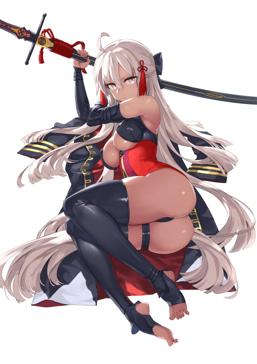 1girl, ahoge, ass, bangs, bare_shoulders, black_bow, black_legwear, bow