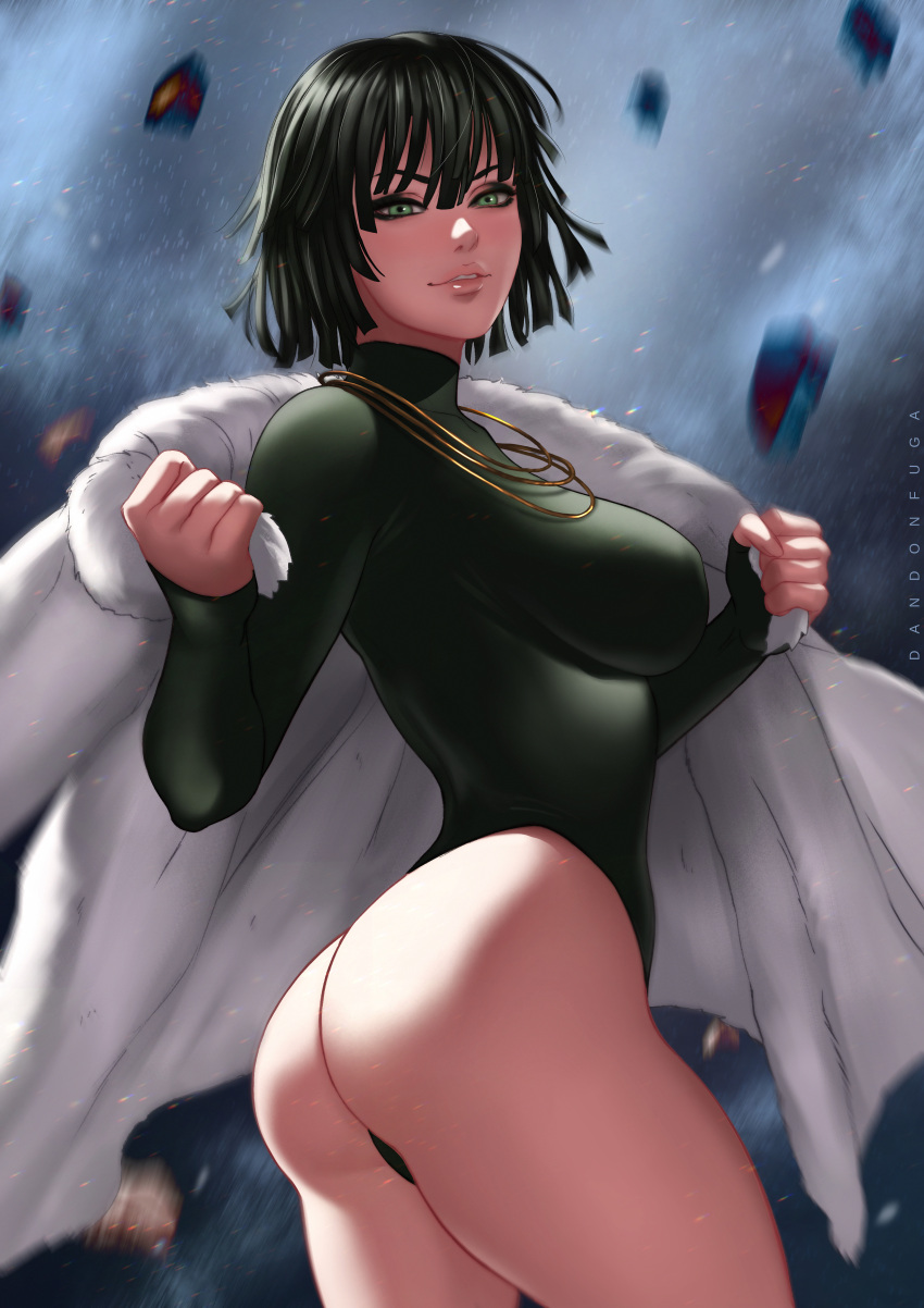 1girl, absurdres, artist_name, ass, black_hair, breasts, dandon_fuga, dress