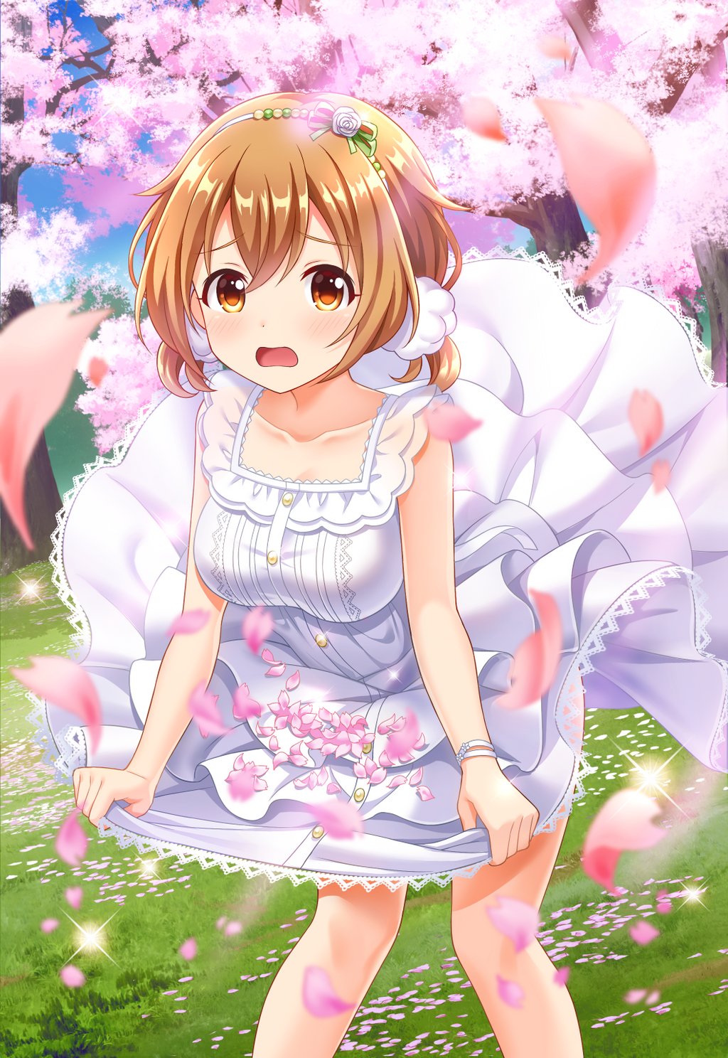 1girl, alternative_girls, bangs, bare_shoulders, blonde_hair, blush, bracelet, breasts, buttons, cherry_blossoms, collarbone, day, dress, frilled_dress, frills, hair_between_eyes, hair_ornament, hair_scrunchie, hairband, highres, jewelry, large_breasts, looking_at_viewer, low_twintails, momoi_hina, official_art, open_mouth, outdoors, pink_petals, scrunchie, short_hair, twintails, white_dress, white_scrunchie, wind, yellow_eyes