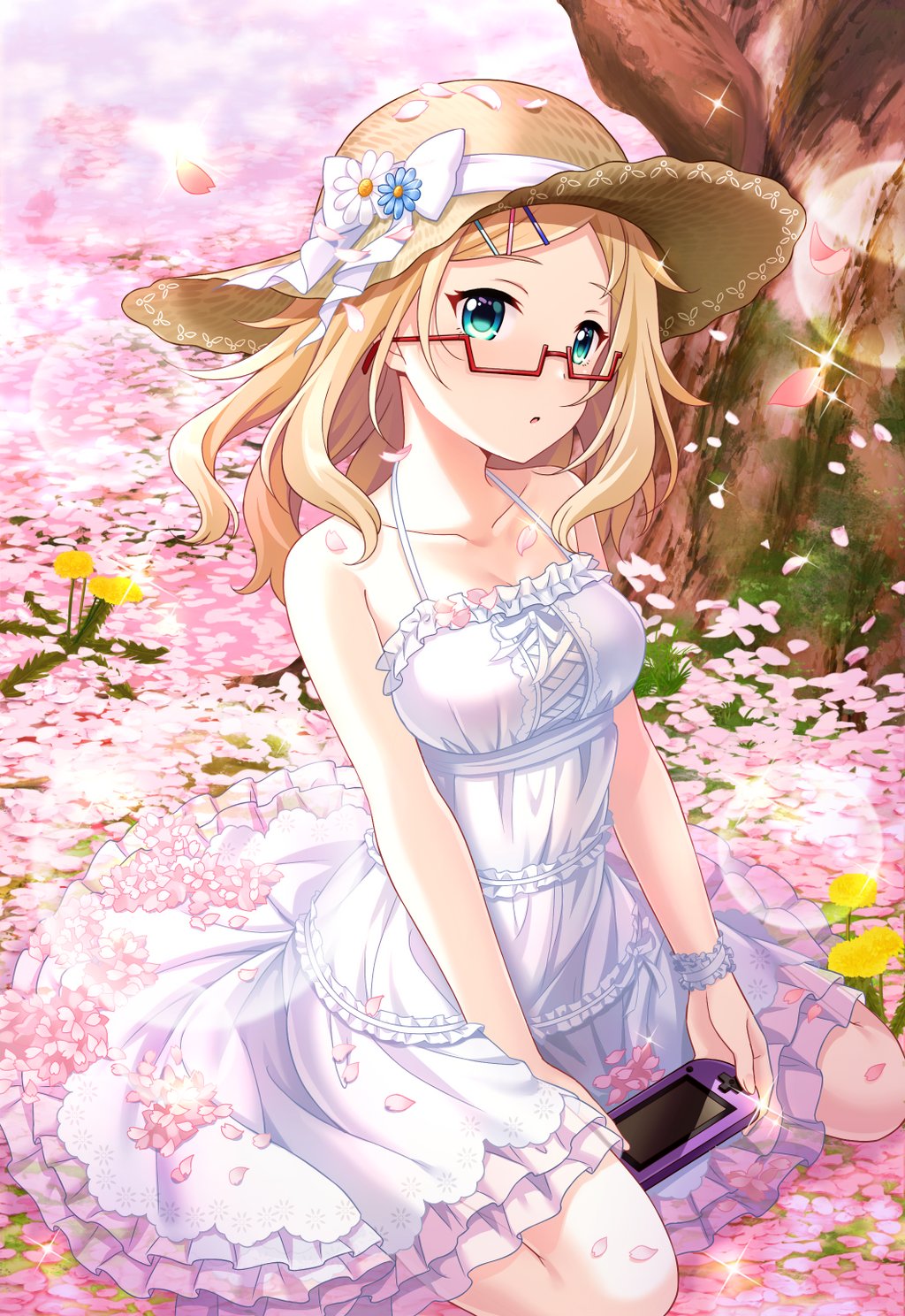 1girl, alternative_girls, aqua_eyes, blonde_hair, blue_hairclip, bracelet, breasts, cherry_blossoms