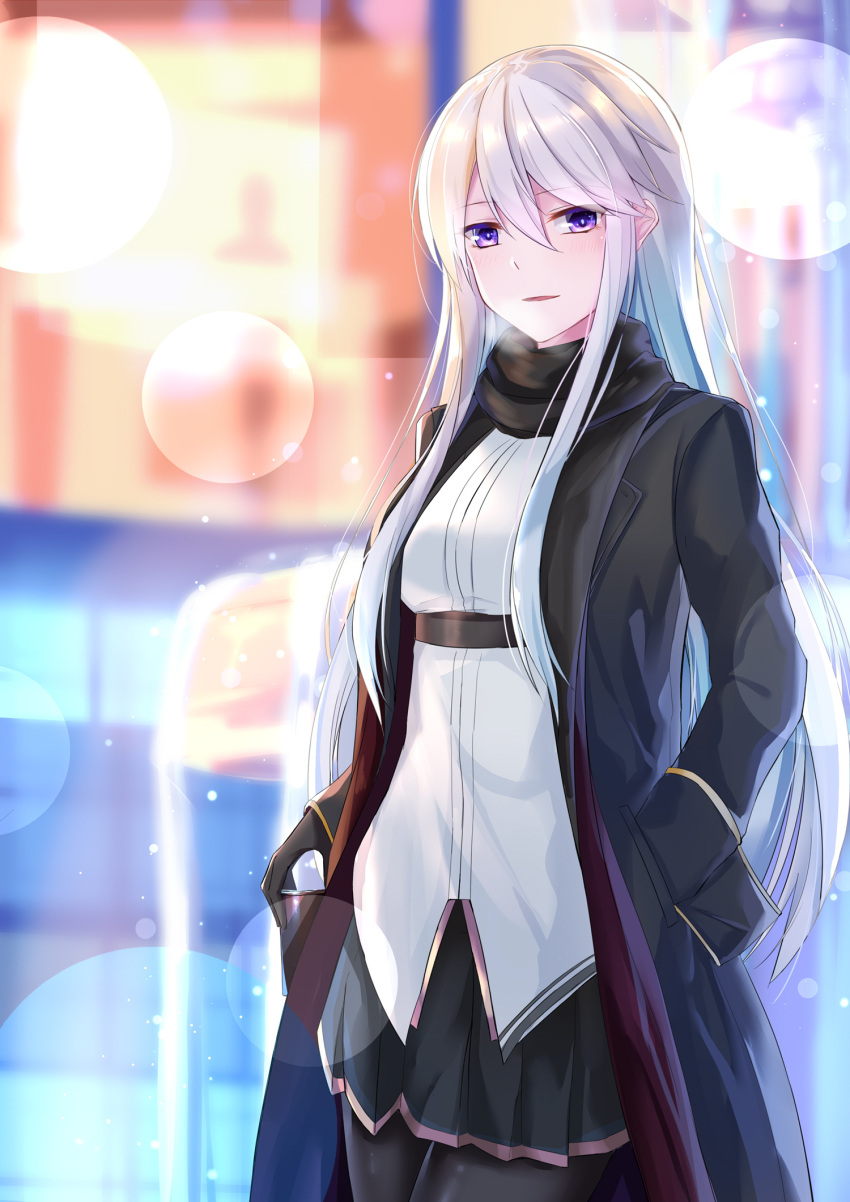 1girl, azur_lane, bangs, black_coat, black_legwear, black_neckwear, black_scarf, blurry