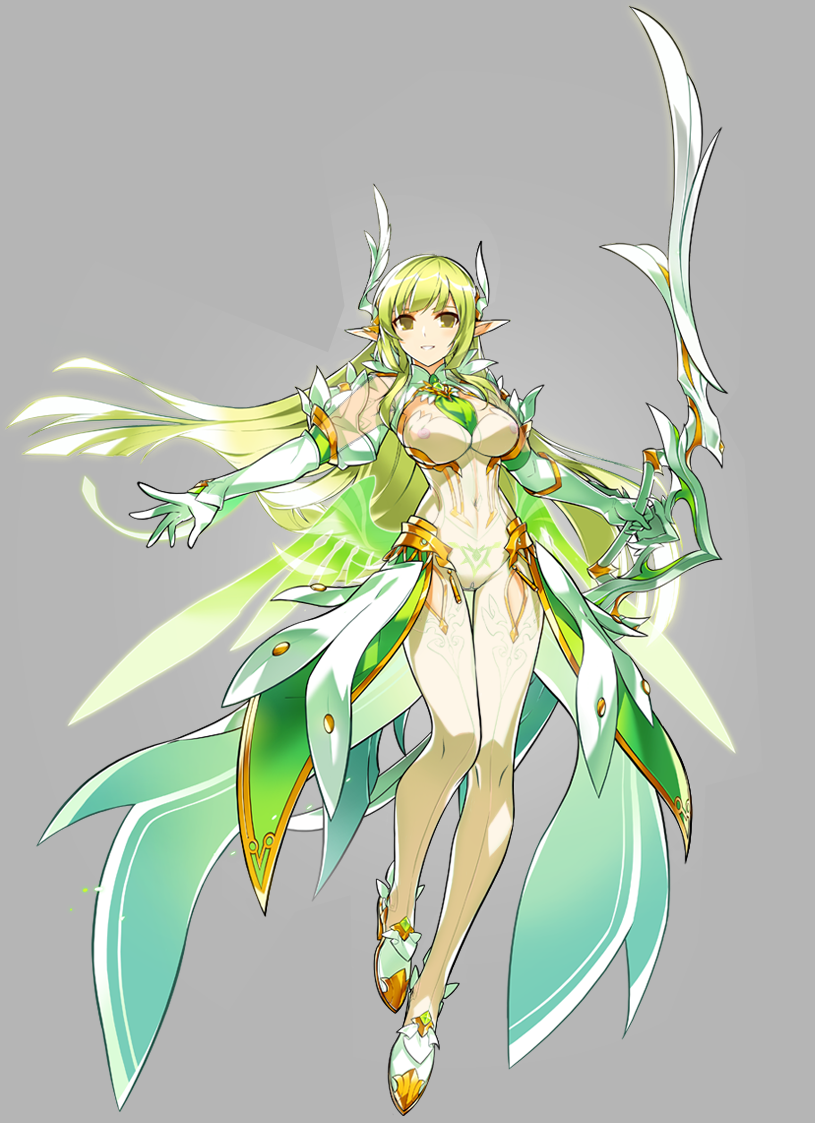 1girl, artist_request, bodysuit, bow_(weapon), breasts, cleavage, daybreaker_(elsword), elbow_gloves