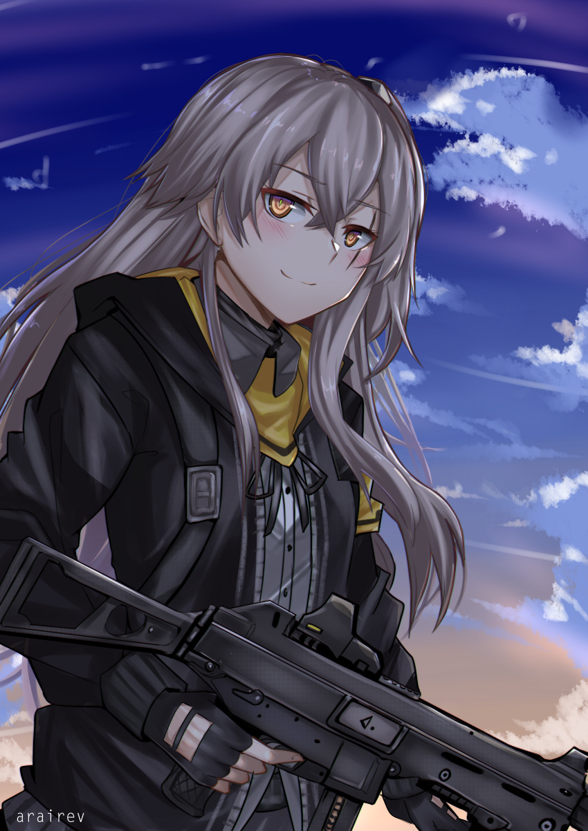 1girl, absurdres, arairev, armband, artist_name, bangs, black_gloves, black_jacket, blue_sky, blush, closed_mouth, clouds, collared_shirt, crossed_bangs, day, eyebrows_visible_through_hair, fingerless_gloves, girls_frontline, gloves, grey_hair, gun, h&amp;k_ump, h&amp;k_ump45, hair_between_eyes, hair_ornament, heckler_&amp;_koch, highres, holding, holding_gun, holding_weapon, hood, hood_down, hooded_jacket, jacket, long_hair, looking_at_viewer, one_side_up, outdoors, scar, scar_across_eye, scarf, shirt, sidelocks, skirt, sky, smile, submachine_gun, trigger_discipline, twintails, ump45_(girls_frontline), weapon, yellow_eyes