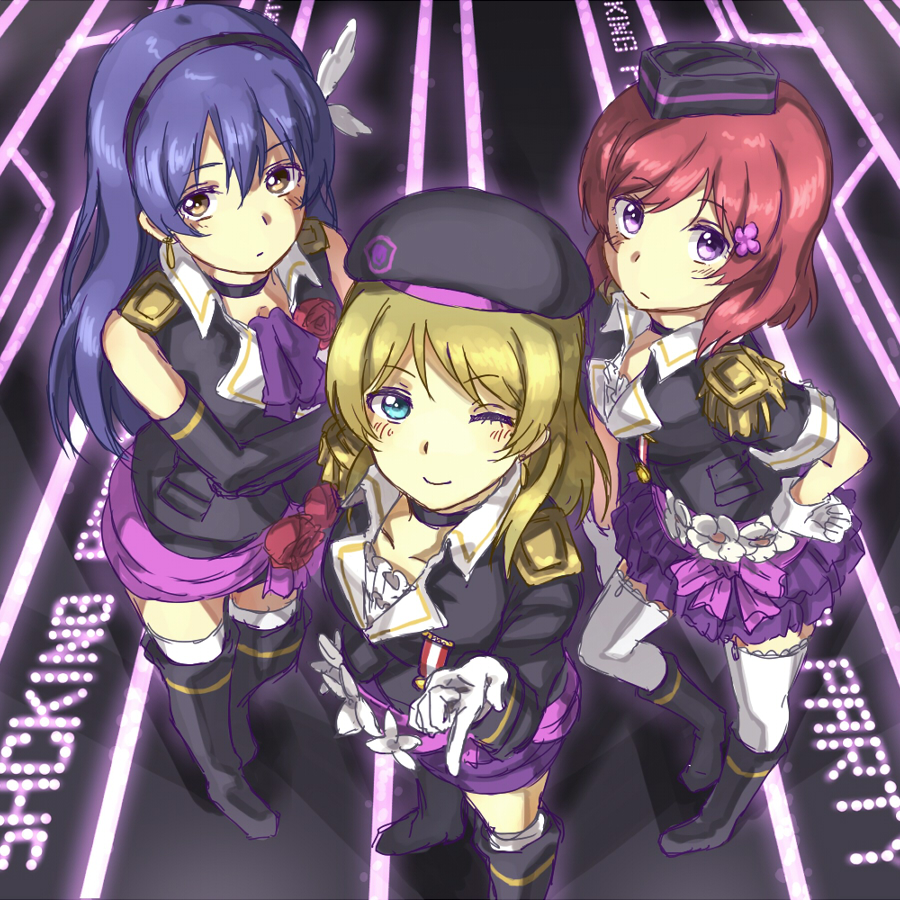 3girls, a-rise, ayase_eli, bangs, blonde_hair, blue_eyes, blue_hair, choker