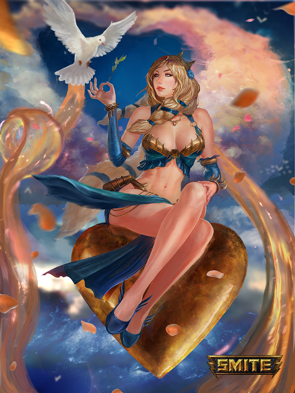1girl, alternate_costume, aphrodite_(smite), bird, blonde_hair, blue_eyes, bracelet, breasts