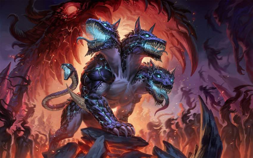 animal_ears, blue_eyes, cerberus, cerberus_(smite), dog, dog_ears, fangs, fire