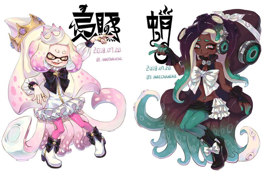 2girls, alternate_costume, artist_name, bandanna, cephalopod_eyes, crown, dark_skin, dress