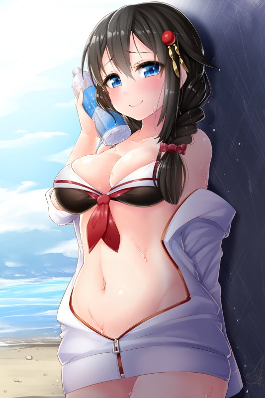 1girl, arm_up, bangs, beach, bikini, black_hair, blue_eyes, blue_sky