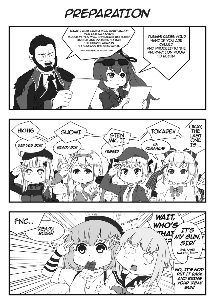 assault_rifle, beret, bow, bowtie, chocolate, chocolate_bar, comic, english