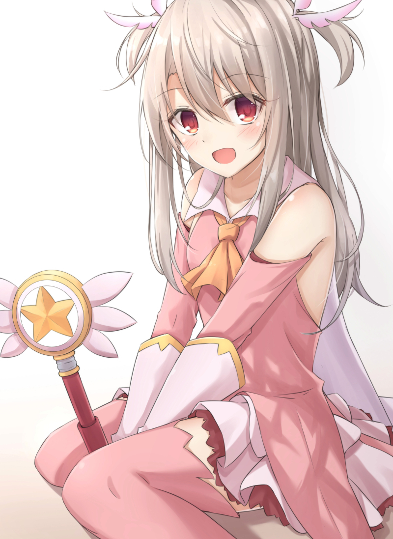 1girl, :d, akira_(been0328), ascot, bangs, bare_shoulders, between_legs, blush
