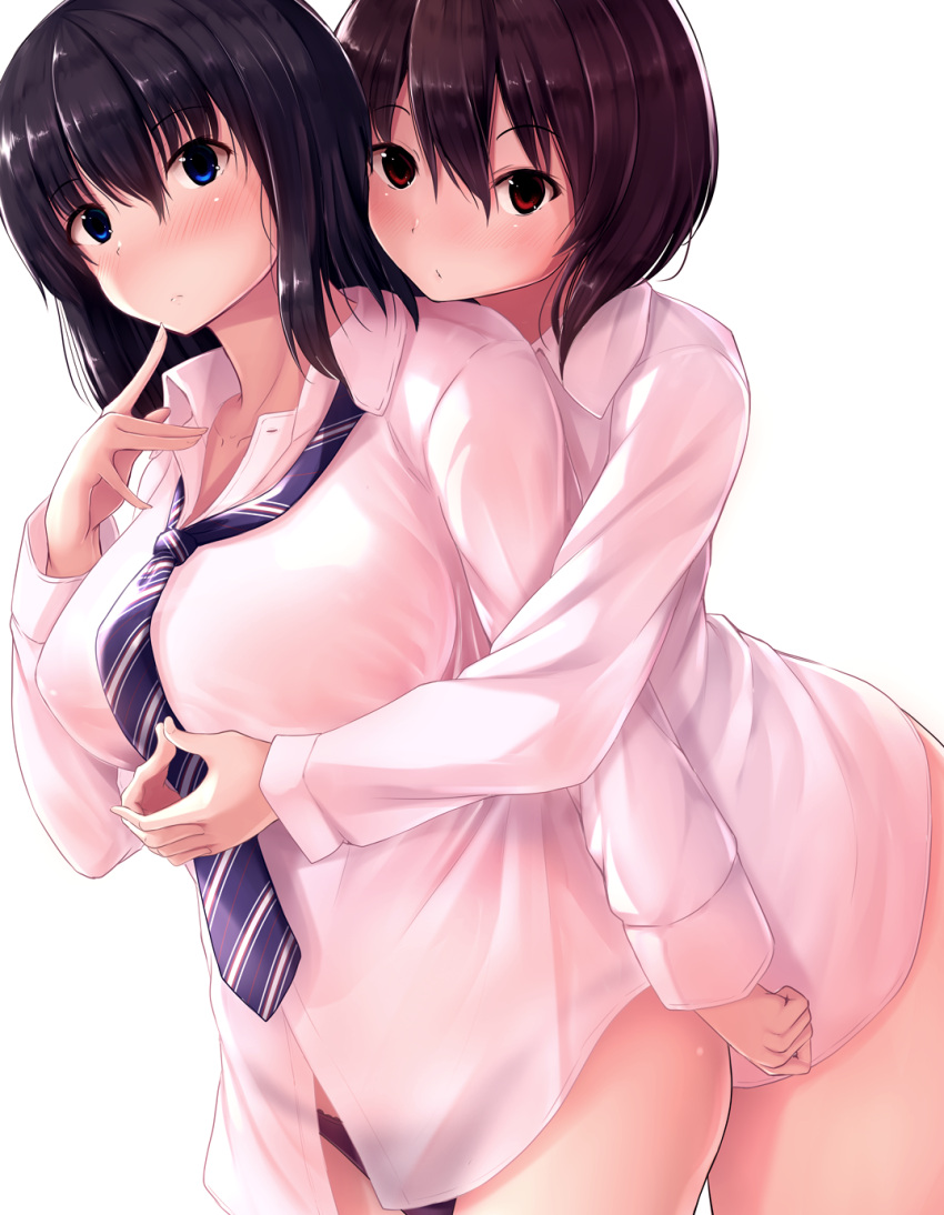 2girls, bangs, black_hair, black_panties, blue_eyes, blue_neckwear, blush, breasts