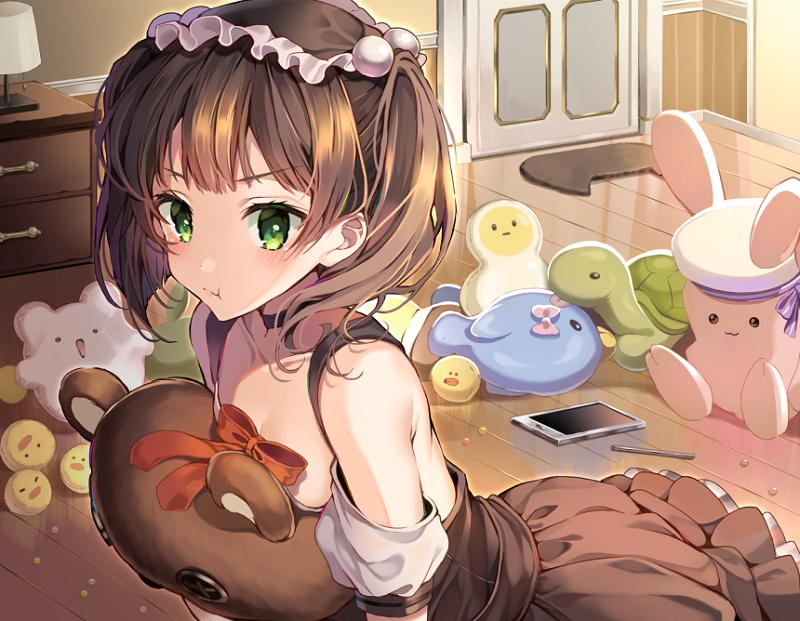 1girl, :t, bangs, bare_shoulders, blush, bow, brown_dress, brown_hair
