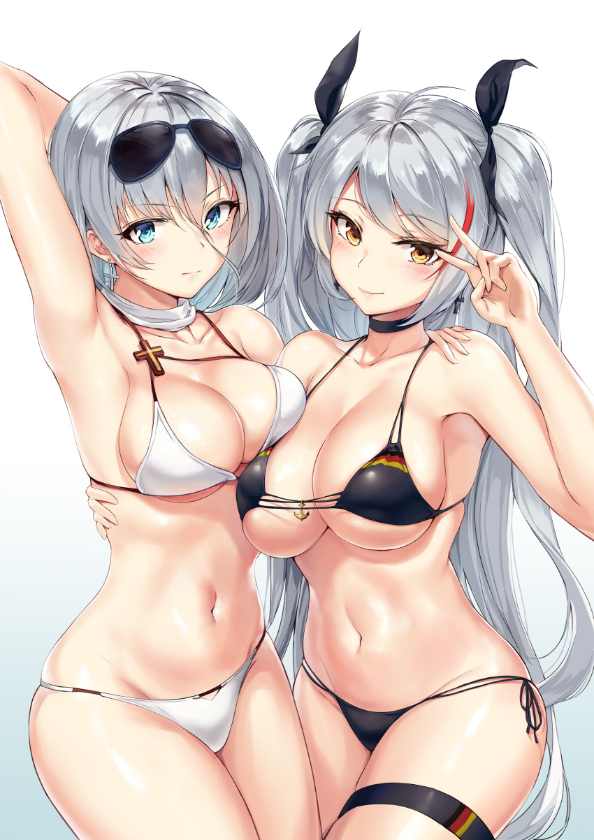 2girls, absurdres, ahoge, arm_behind_head, arm_up, armpits, azur_lane, bikini