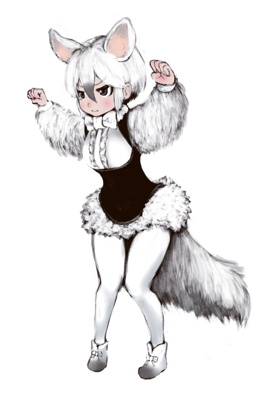 1girl, animal_ears, bow, bowtie, closed_mouth, dress, extra_ears, eyebrows_visible_through_hair, frills, from_side, full_body, grey_eyes, grey_hair, hair_between_eyes, hands_up, ise_(0425), kemono_friends, knees_together_feet_apart, long_sleeves, looking_afar, multicolored_hair, pantyhose, paw_pose, shoes, short_dress, short_hair, simple_background, solo, southern_tamandua_(kemono_friends), standing, tail, tamandua_ears, tamandua_tail, white_background, white_bow, white_hair, white_legwear