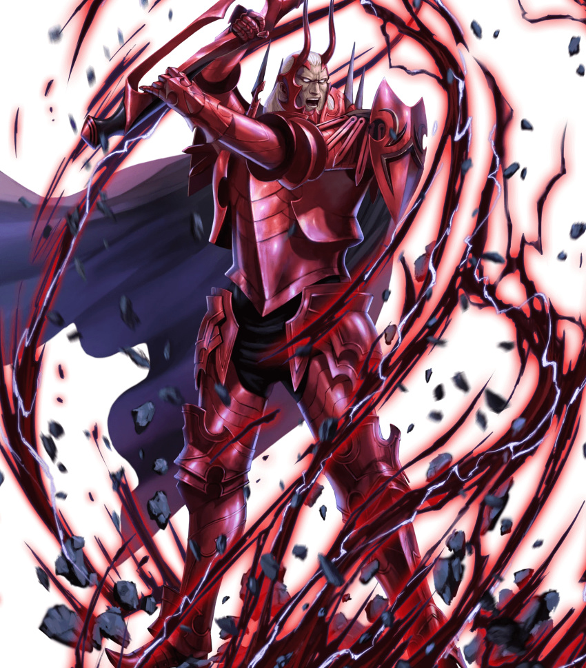 1boy, armor, axe, battle_axe, black_cape, black_pants, cape, debris