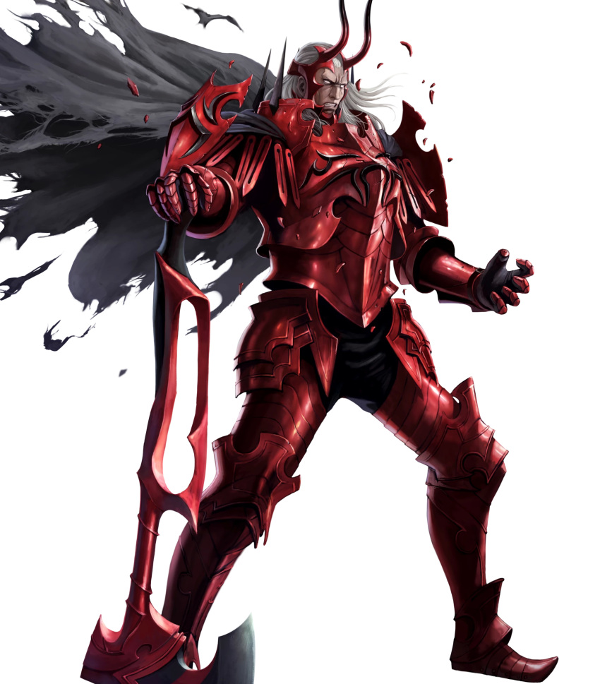 1boy, armor, axe, battle_axe, black_cape, black_pants, cape, clenched_teeth