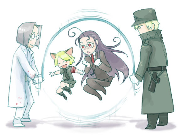 animal_ears, blonde_hair, blood, captain_(hellsing), doctor_(hellsing), formal, glasses, grey_hair