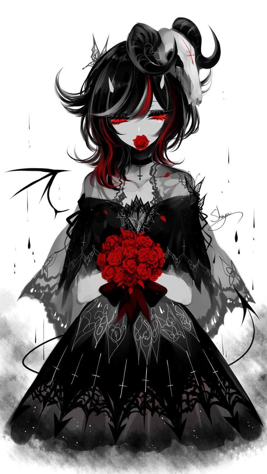 1girl, absurdres, alternate_costume, artist_name, bare_shoulders, black_choker, black_dress, black_hair