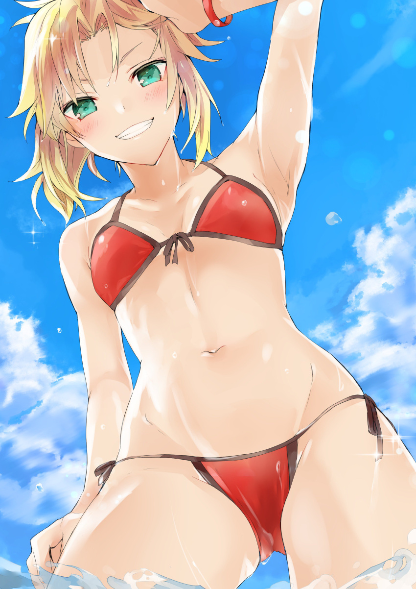 1girl, absurdres, arm_up, bangs, bare_arms, bare_shoulders, bikini, blonde_hair