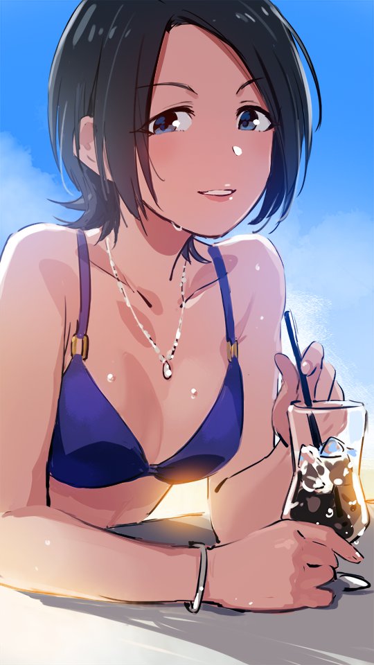 1girl, bare_arms, bare_shoulders, bikini_top, black_hair, blue_eyes, blue_sky, bracelet