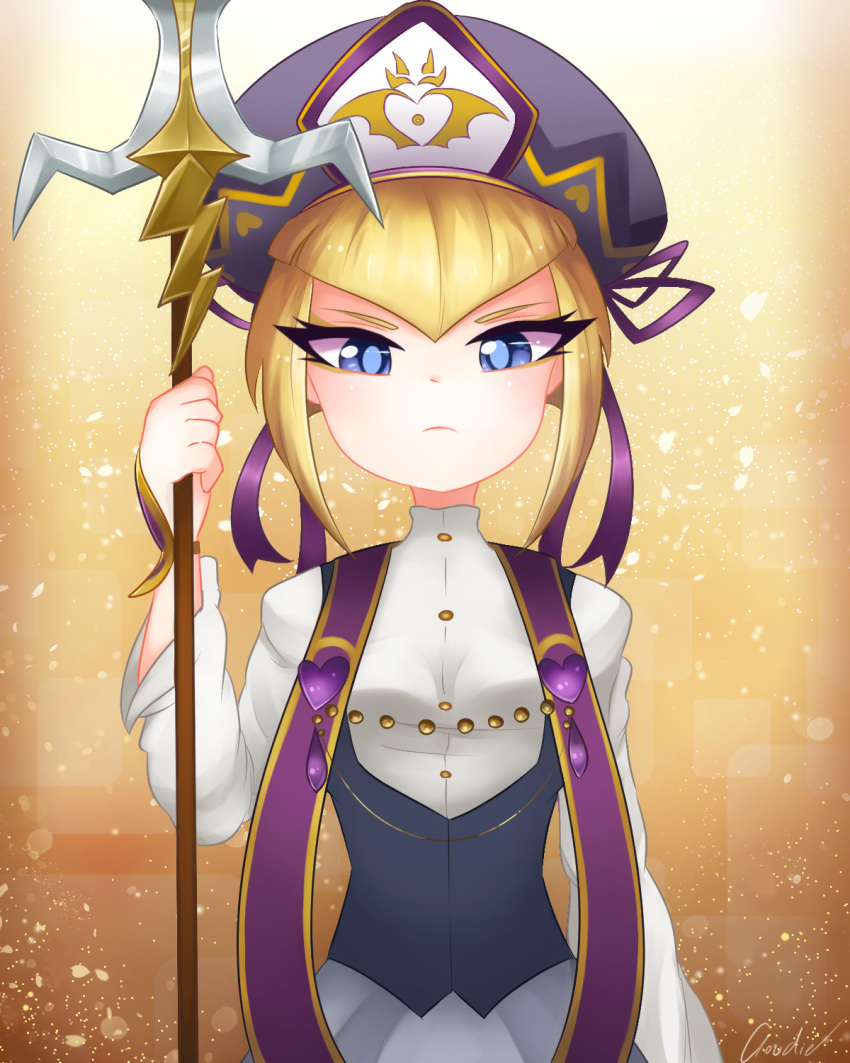 1girl, beret, blonde_hair, blue_eyes, commentary_request, glaring, hat, heart