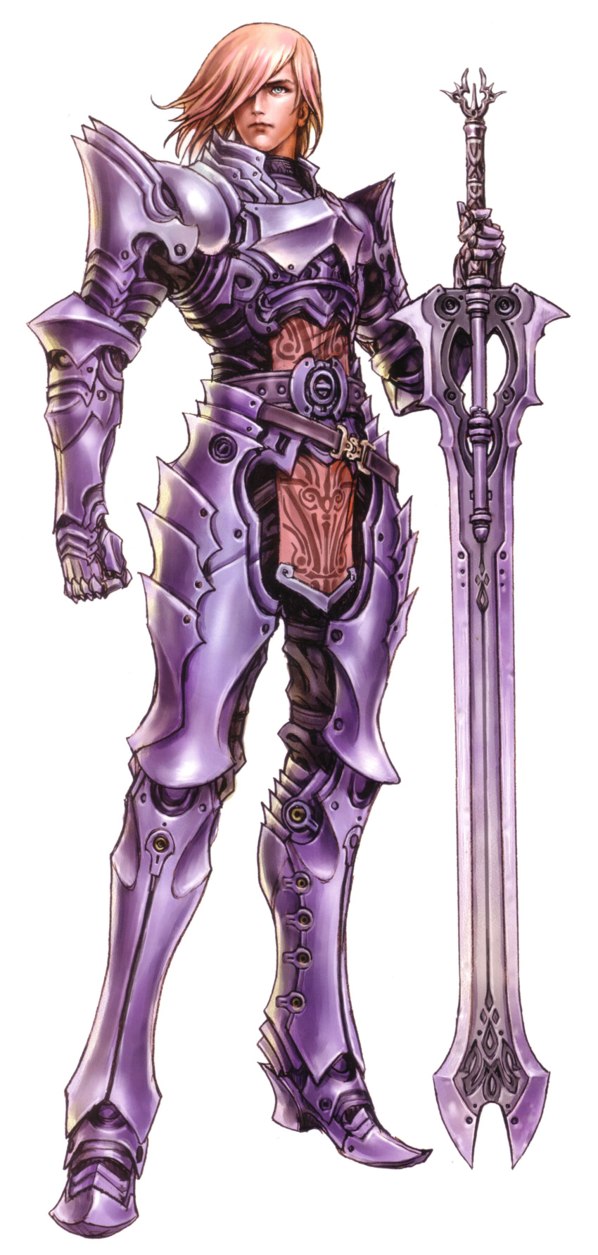 1boy, alteil, arm_at_side, armor, closed_mouth, full_body, hair_over_one_eye, highres