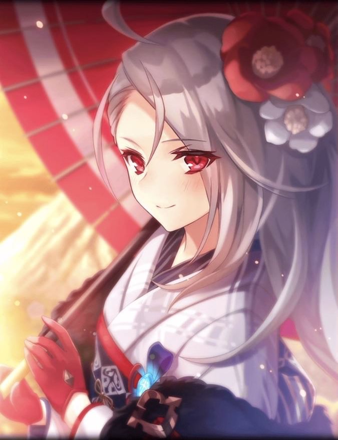 1girl, ahoge, ancient_killers_(phantom_of_the_kill), artist_request, blush, flower, fur, gloves
