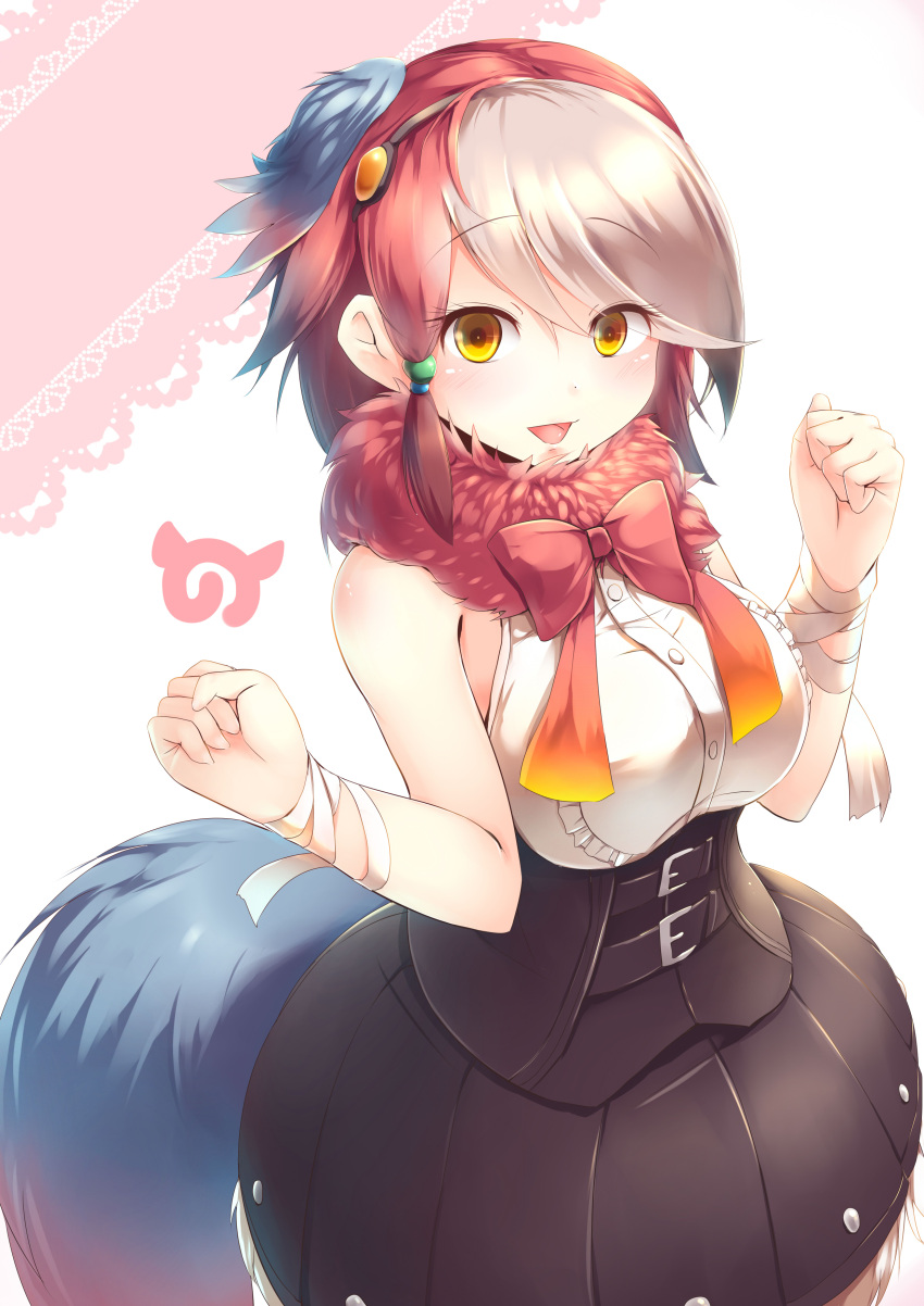 1girl, :d, absurdres, belt, bird_tail, black_skirt, blue_hair, bow