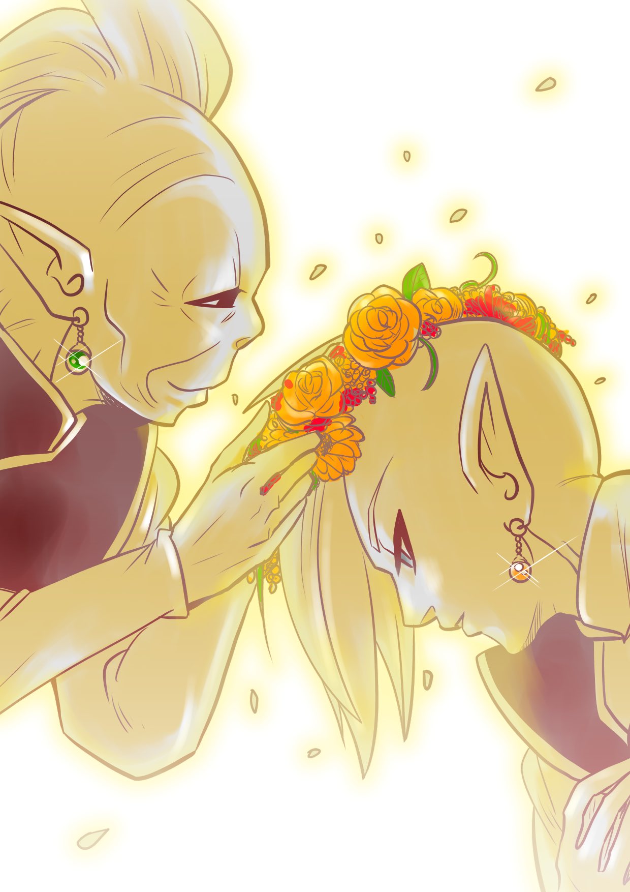 2boys, dragon_ball, dragon_ball_super, earrings, expressionless, flower, gowasu, head_wreath