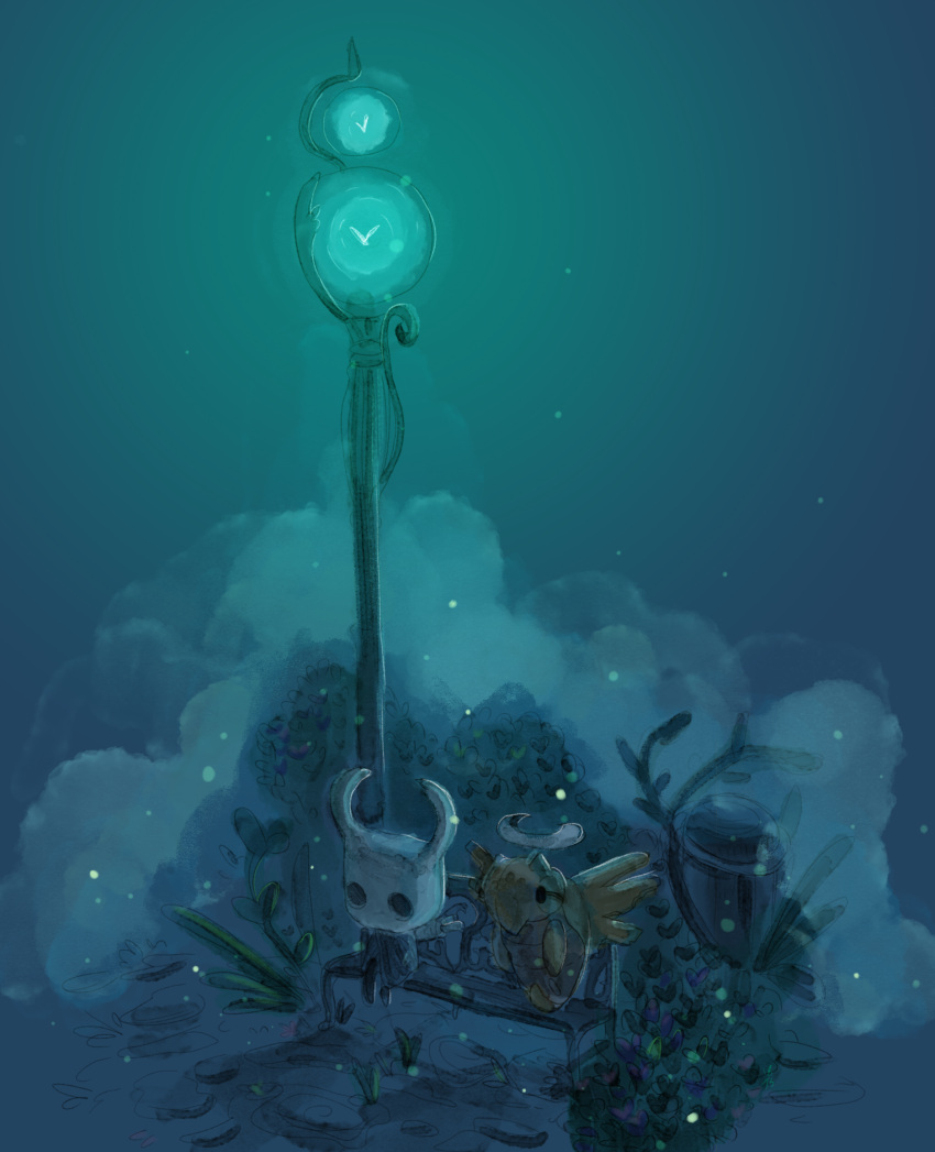 bench, blue, blue_background, highres, hollow_knight, lamppost, no_humans, plant