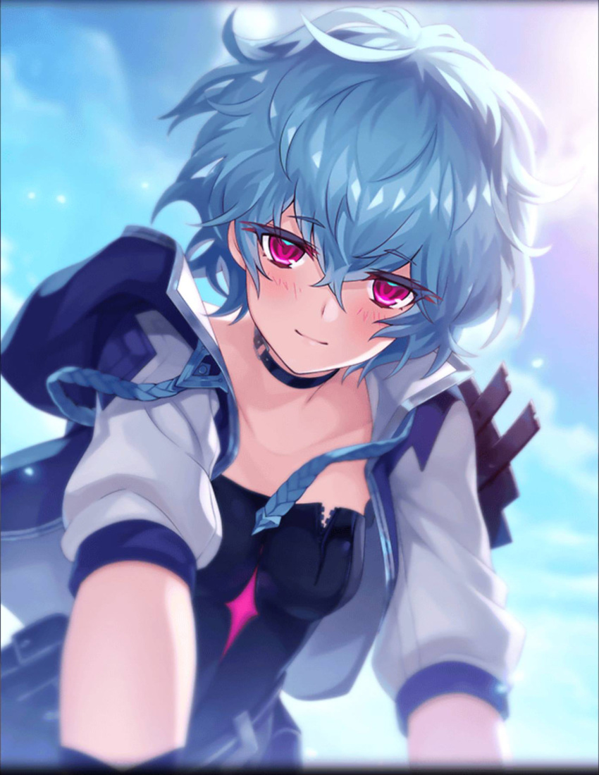 1girl, almace_(phantom_of_the_kill), aqua_hair, artist_request, black_choker, blush, choker, hair_between_eyes, highres, jacket, looking_at_viewer, official_art, phantom_of_the_kill, short_hair, sky, smile, violet_eyes, white_jacket
