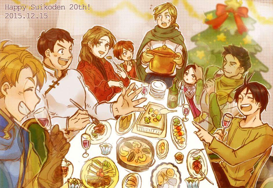 black_hair, bowl, brown_hair, cho_(taronana), christmas, cleo_(suikoden), commentary_request, facial_scar