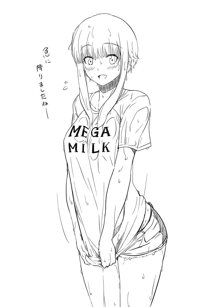 1girl, bangs, blush, breasts, clothes_writing, denim, denim_shorts, eyebrows_visible_through_hair, haruhisky, kuneru_marta, maria_marta_cunhel_guloso, medium_breasts, medium_hair, mega_milk, monochrome, open_mouth, shirt, shorts, simple_background, smile, solo, standing, translated, wet, wet_clothes, white_background